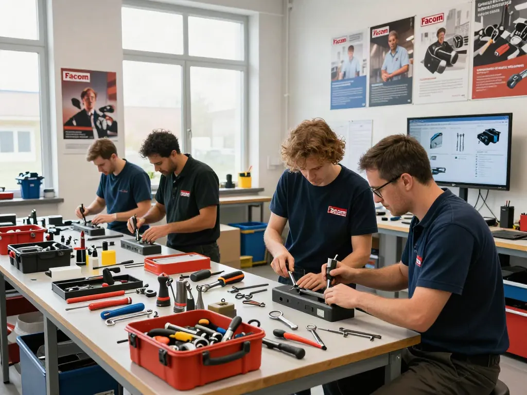 Professionisti al lavoro con strumenti Facom Italia in un ambiente di lavoro dinamico