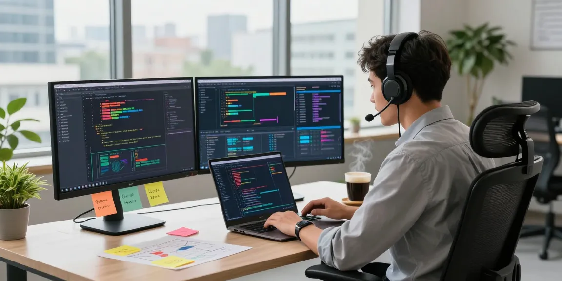 Professional developer in a modern workspace coding on WPS Official Website tools, showcasing vibrant digital collaboration.