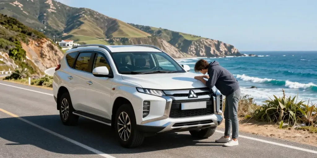 Noleggio lungo termine Mitsubishi: auto in una scenica strada costiera con luce solare.