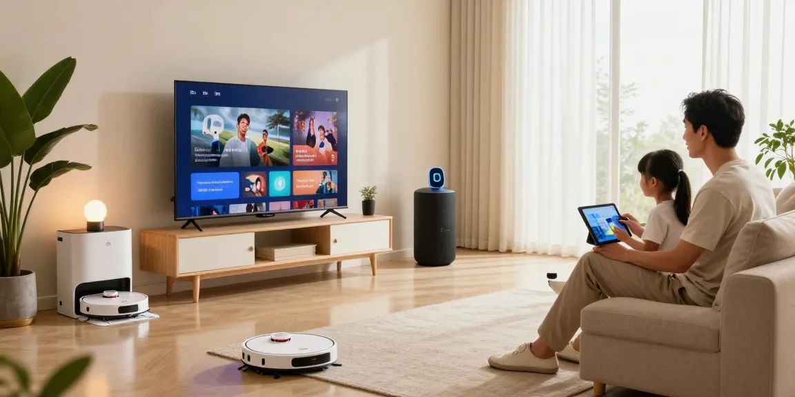 Modern family enjoying home electronics with rokok88 devices in cozy living room.