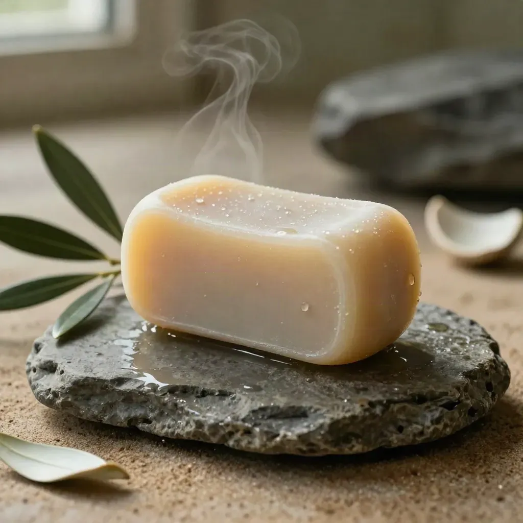 Sapone ovale lavanda e oliva su pietra bagnata con foglie d’olivo e vapore soffuso