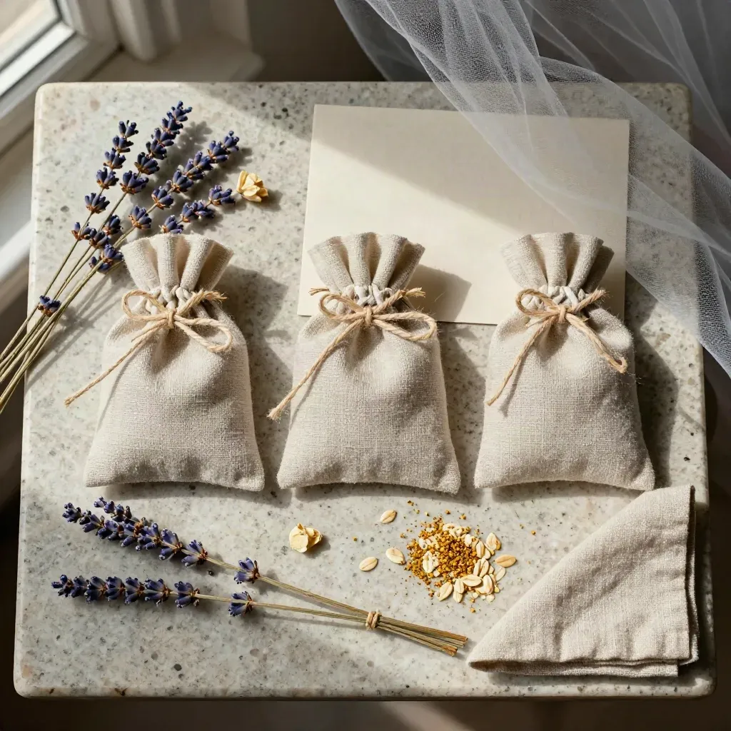 Tre sacchetti di lino alla lavanda con fiori secchi su pietra chiara, visti dall’alto.