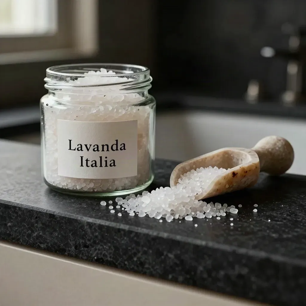 Barattolo di sali da bagno alla lavanda con cucchiaio di legno e pietra chiara in controluce