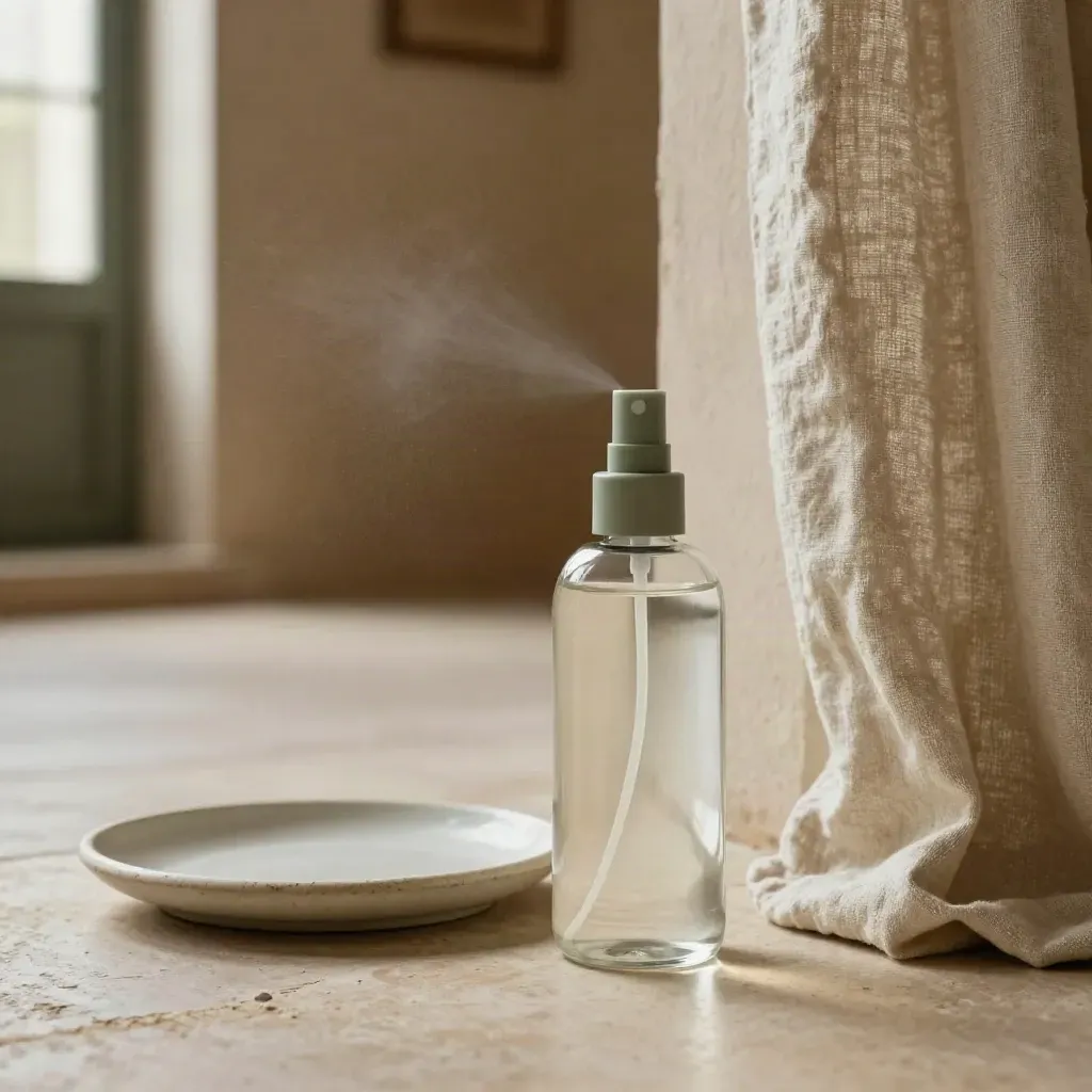 Spray per ambienti alla lavanda accanto a tenda di lino e vassoio in ceramica