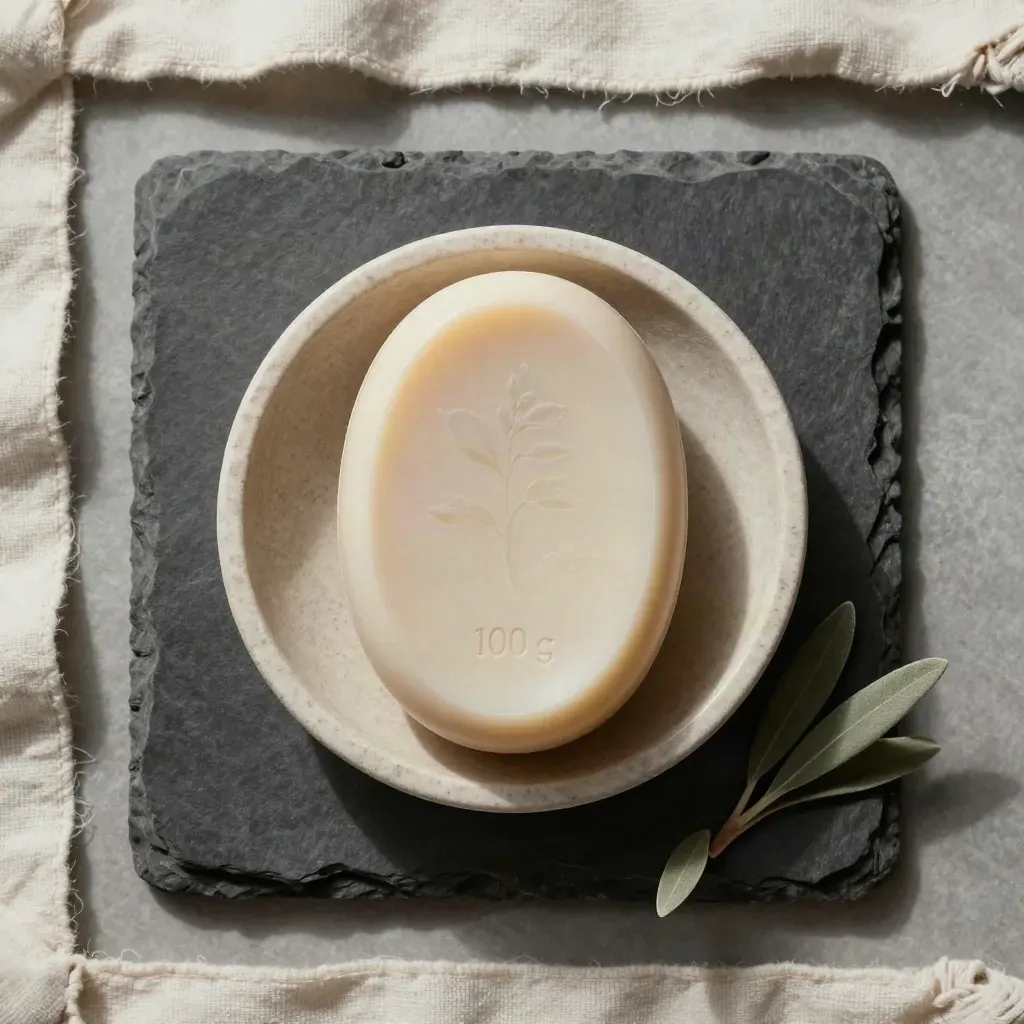 Sapone ovale lavanda e oliva con foglie d’olivo in ciotola di pietra su fondo ordinato.