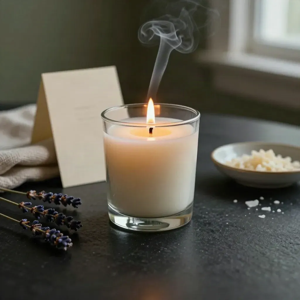 Candela alla lavanda in vetro con filo di fumo, su fondo scuro e atmosfera elegante.