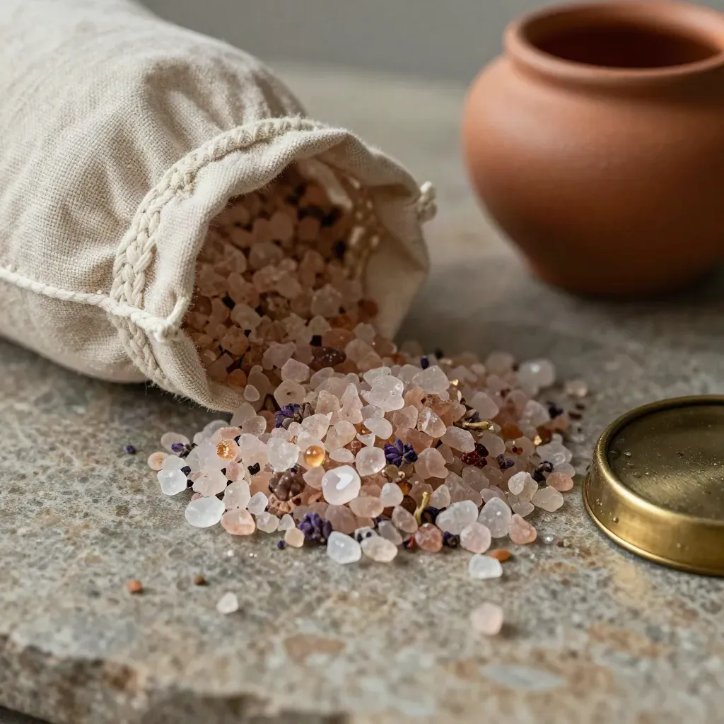 Sali da bagno alla lavanda in bustina di lino su pietra bagnata, con cristalli scintillanti.