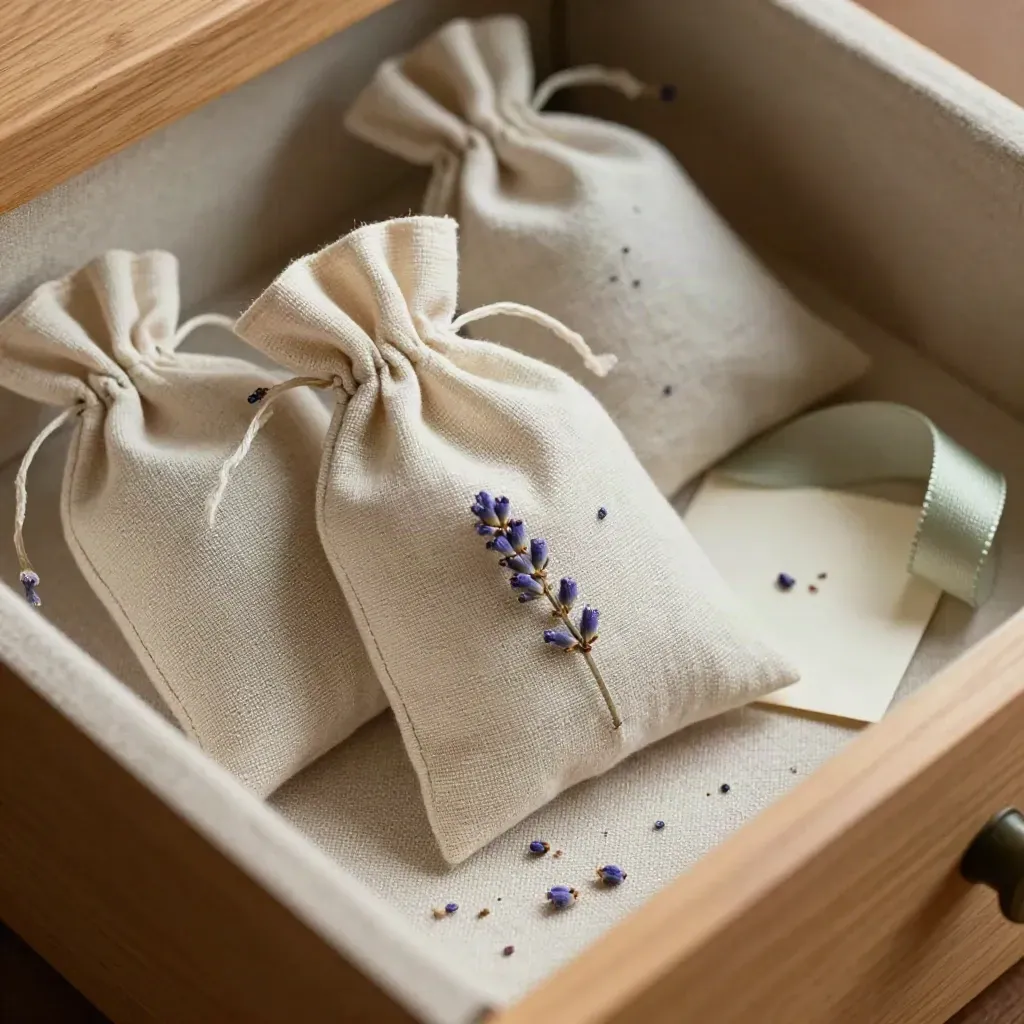 Tre sacchetti profumati in lino con lavanda visibile, su cassetto foderato in lino.