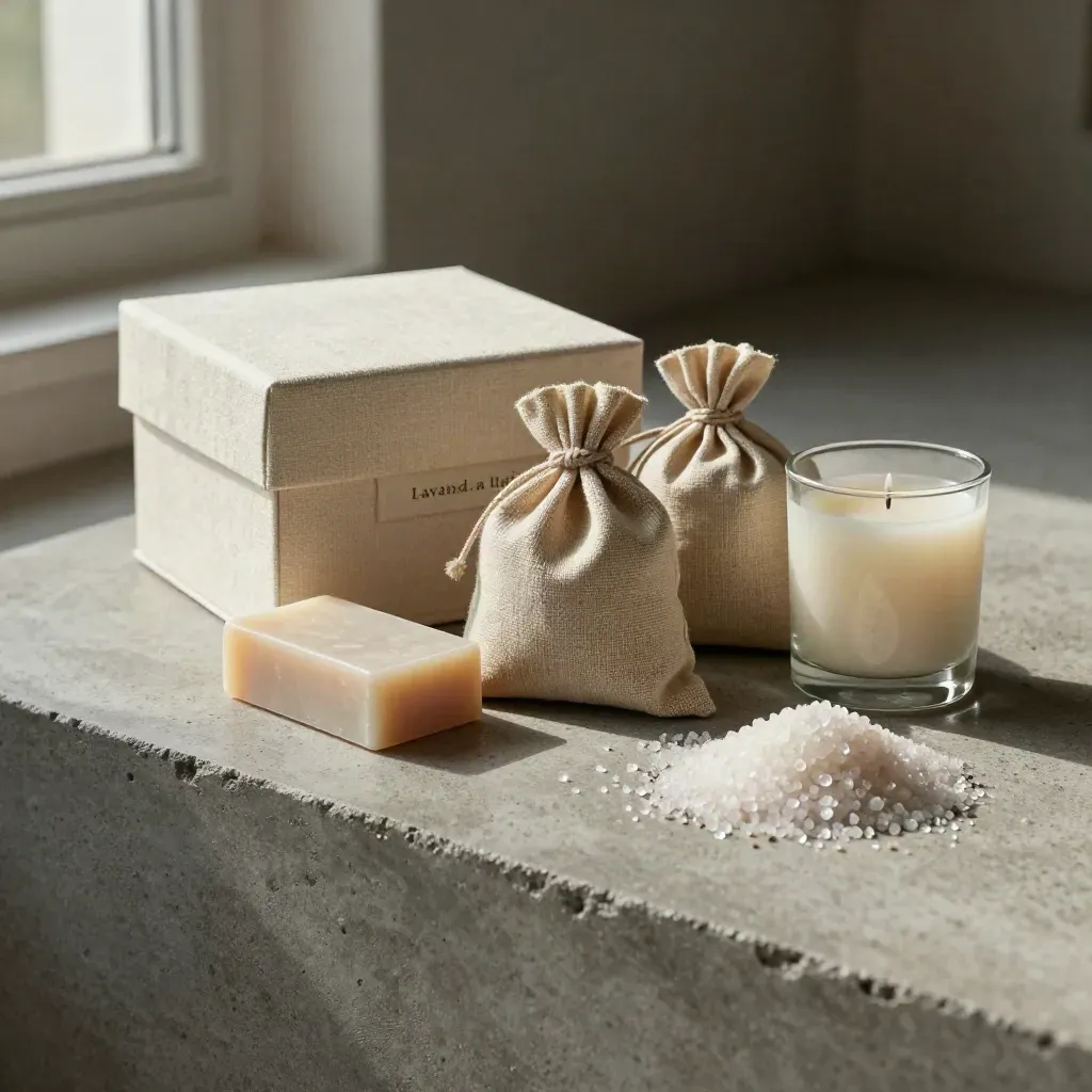Cofanetto regalo casa con sapone, sacchetto, candela e sali su base in cemento chiaro