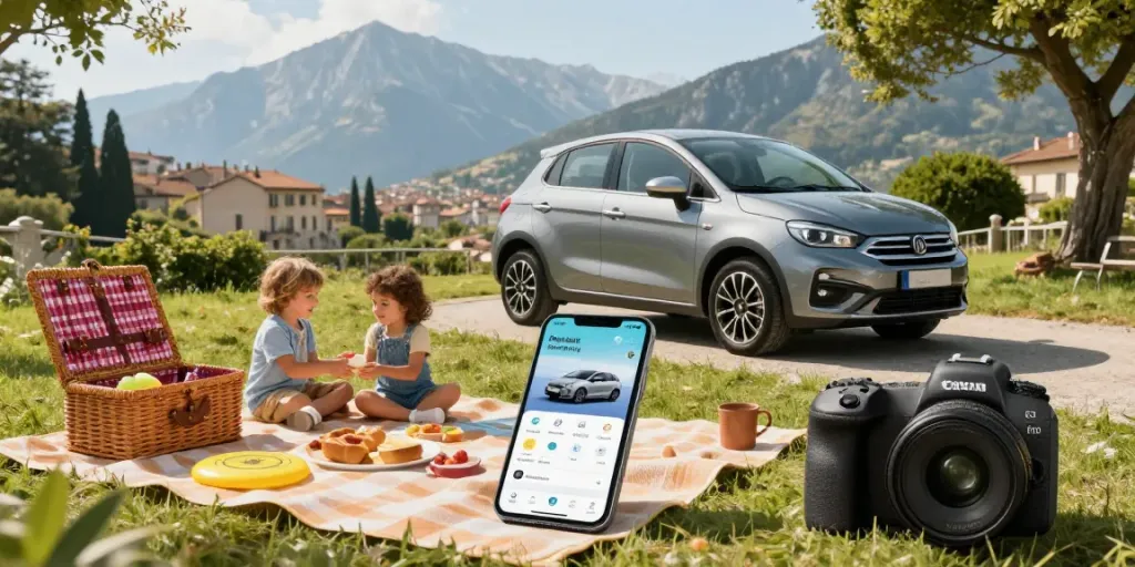 Immagine di noleggio lungo termine Fiat con famiglia che gode di un picnic nella natura.